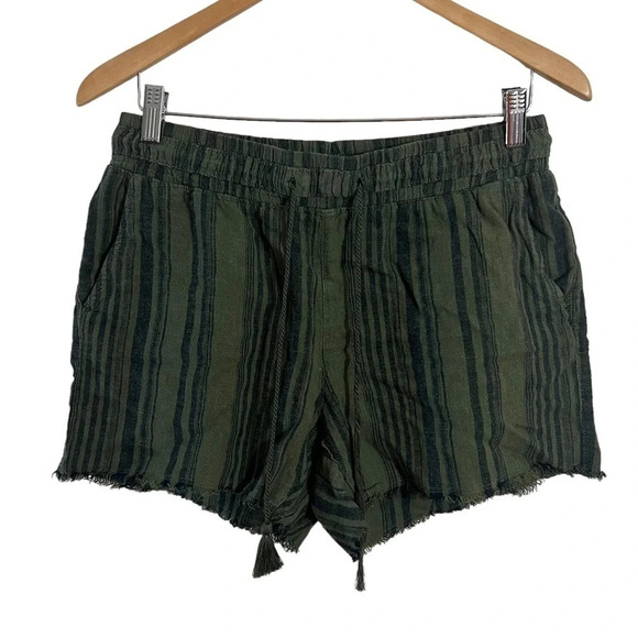 Time and Tru Dark Olive Green Striped Shorts Small Linen Blend Elastic Waist - Picture 1 of 6